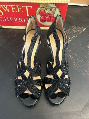 Alex Marie Black Crystal-Embellished Open-Toe Heels